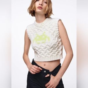 ZARA Limited Edition Chunky Cable Knit Space Invaders Sweater Vest - Size S